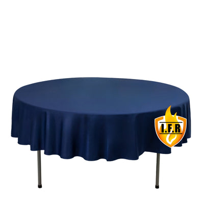 Fire Retardant Scuba Tablecloth â€“ 90" Round Navy Blue, Wrinkle Free, Stain Resistant Polyester Cover