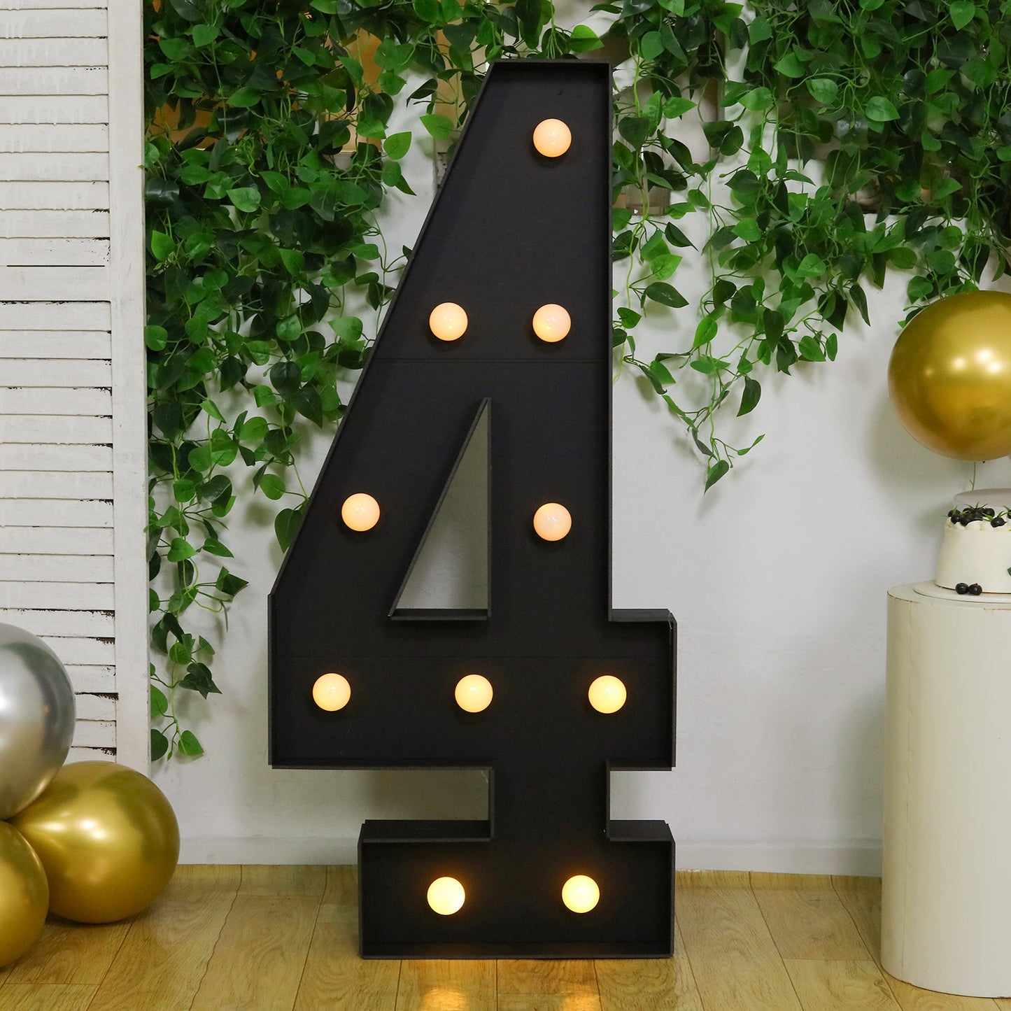 Giant LED Marquee Light Up Number "4", Black 4ft Pre-Cut Foam Board with 10 Warm White Battery Operated LEDs, Glue Gun and Sticks