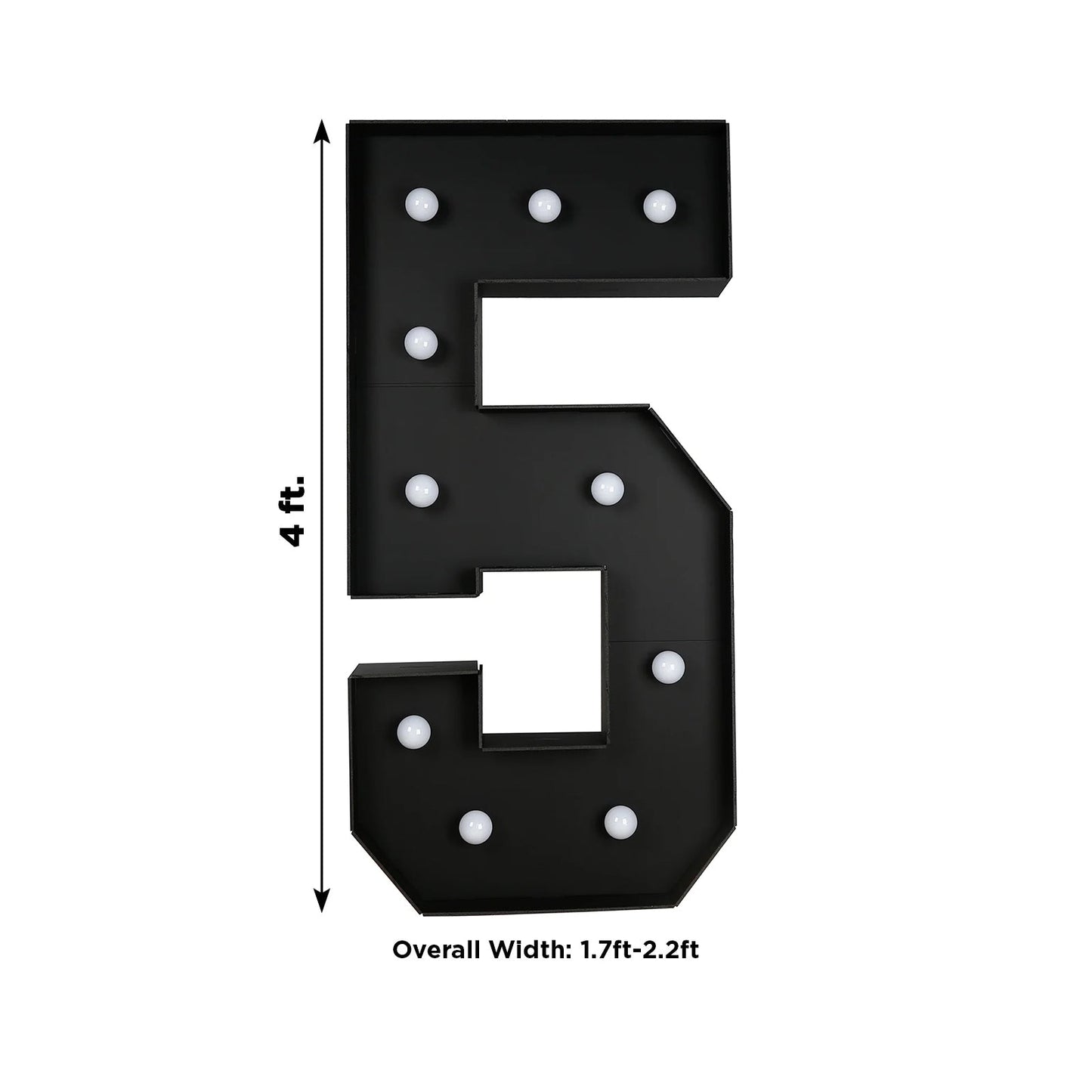 Giant LED Marquee Light Up Number "5", Black 4ft Pre-Cut Foam Board with 10 Warm White Battery Operated LEDs, Glue Gun and Sticks