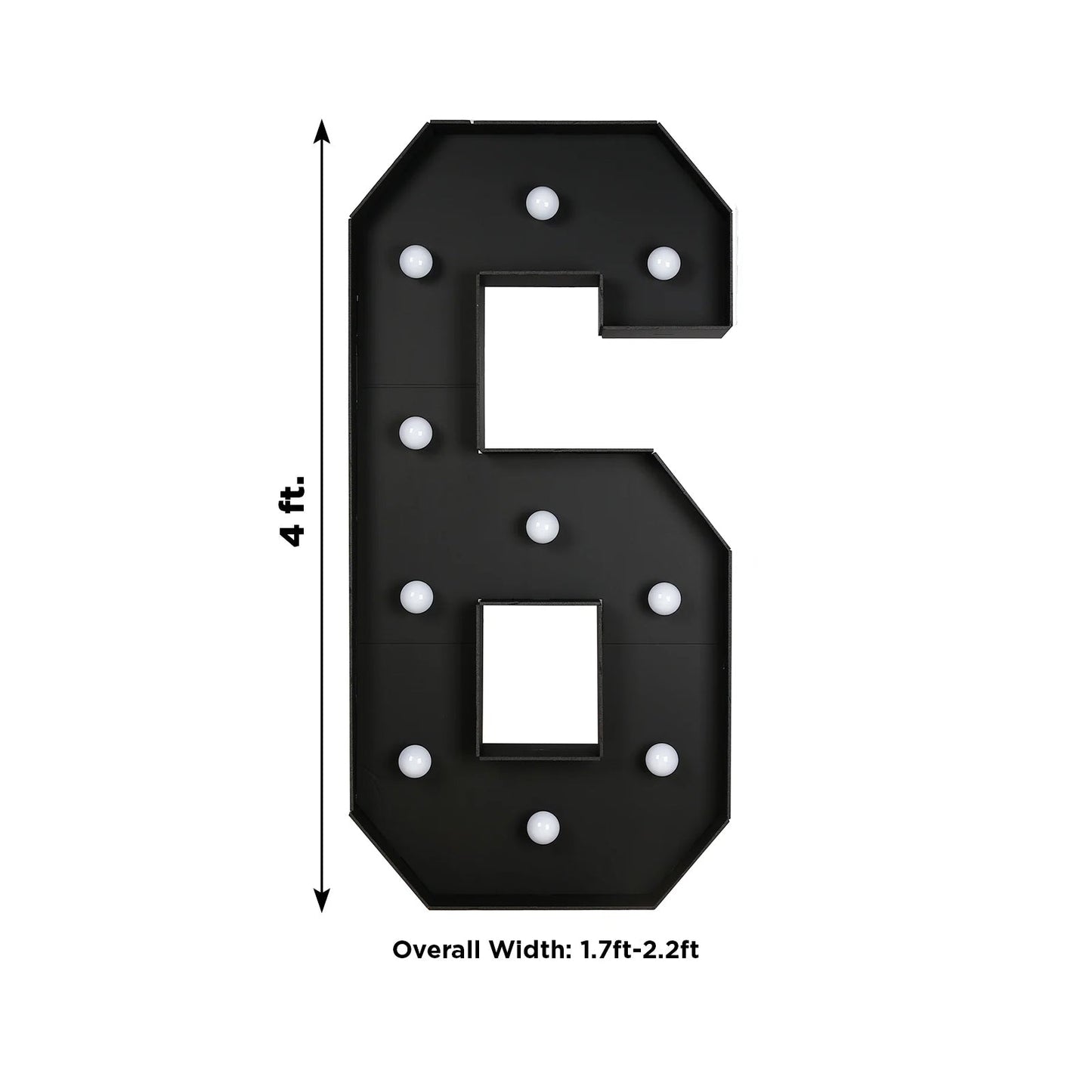 Giant LED Marquee Light Up Number "6", Black 4ft Pre-Cut Foam Board with 10 Warm White Battery Operated LEDs, Glue Gun and Sticks