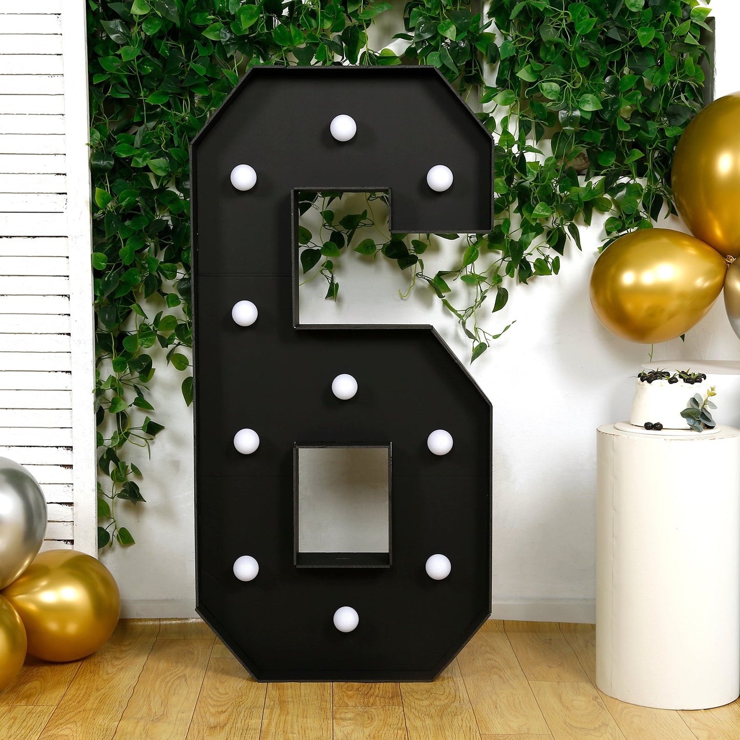 Giant LED Marquee Light Up Number "6", Black 4ft Pre-Cut Foam Board with 10 Warm White Battery Operated LEDs, Glue Gun and Sticks