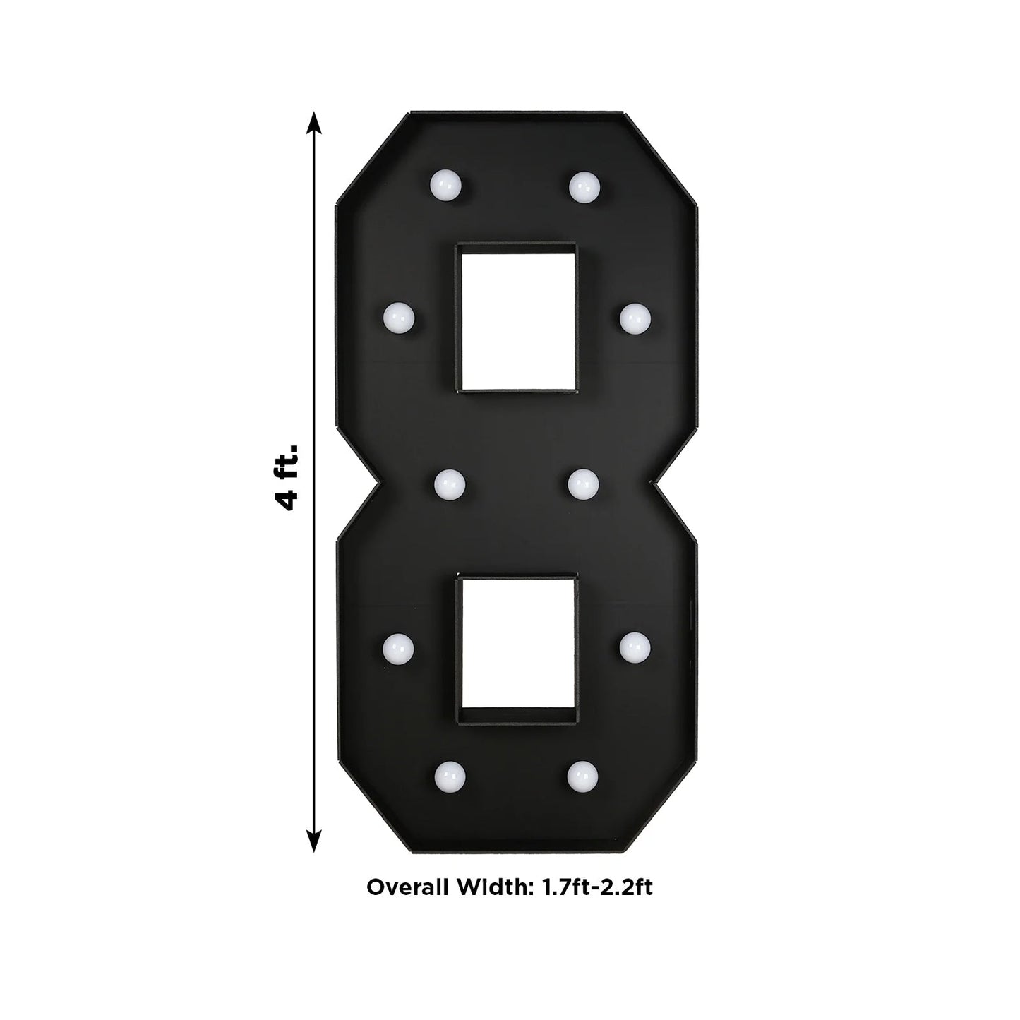 Giant LED Marquee Light Up Number "8", Black 4ft Pre-Cut Foam Board with 10 Warm White Battery Operated LEDs, Glue Gun and Sticks