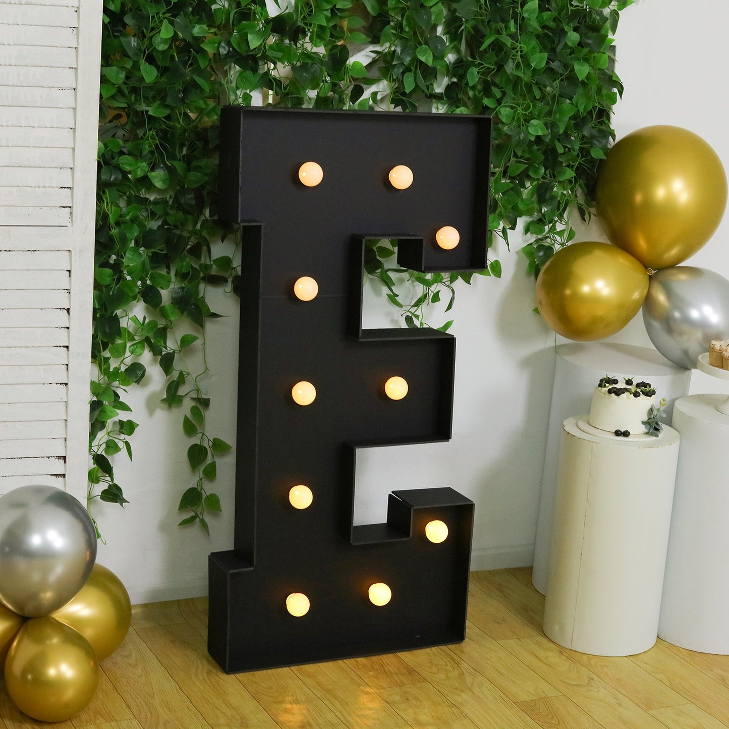 Giant LED Marquee Light Up Letter "E", Black 4ft Pre-Cut Foam Board with 10 Warm White Battery Operated LEDs, Glue Gun and Sticks