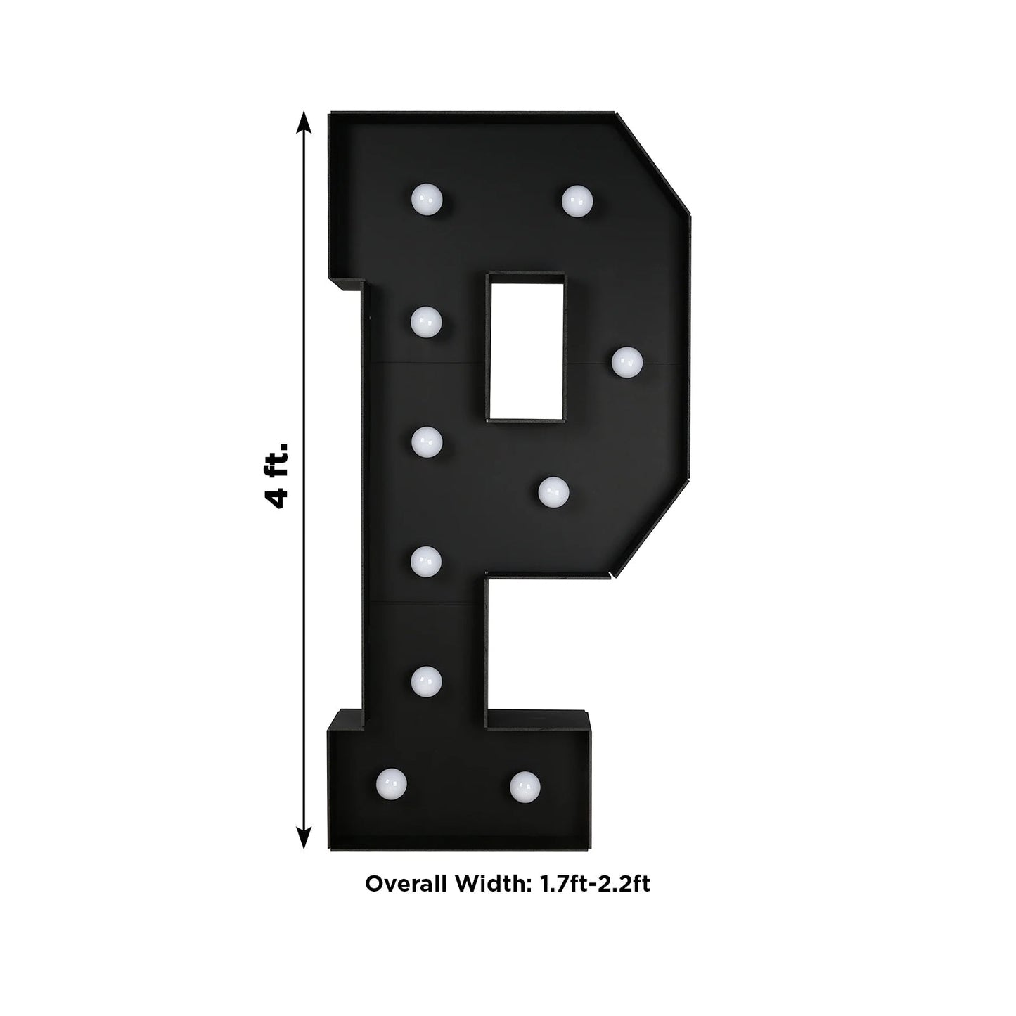 Giant LED Marquee Light Up Letter "P", Black 4ft Pre-Cut Foam Board with 10 Warm White Battery Operated LEDs, Glue Gun and Sticks