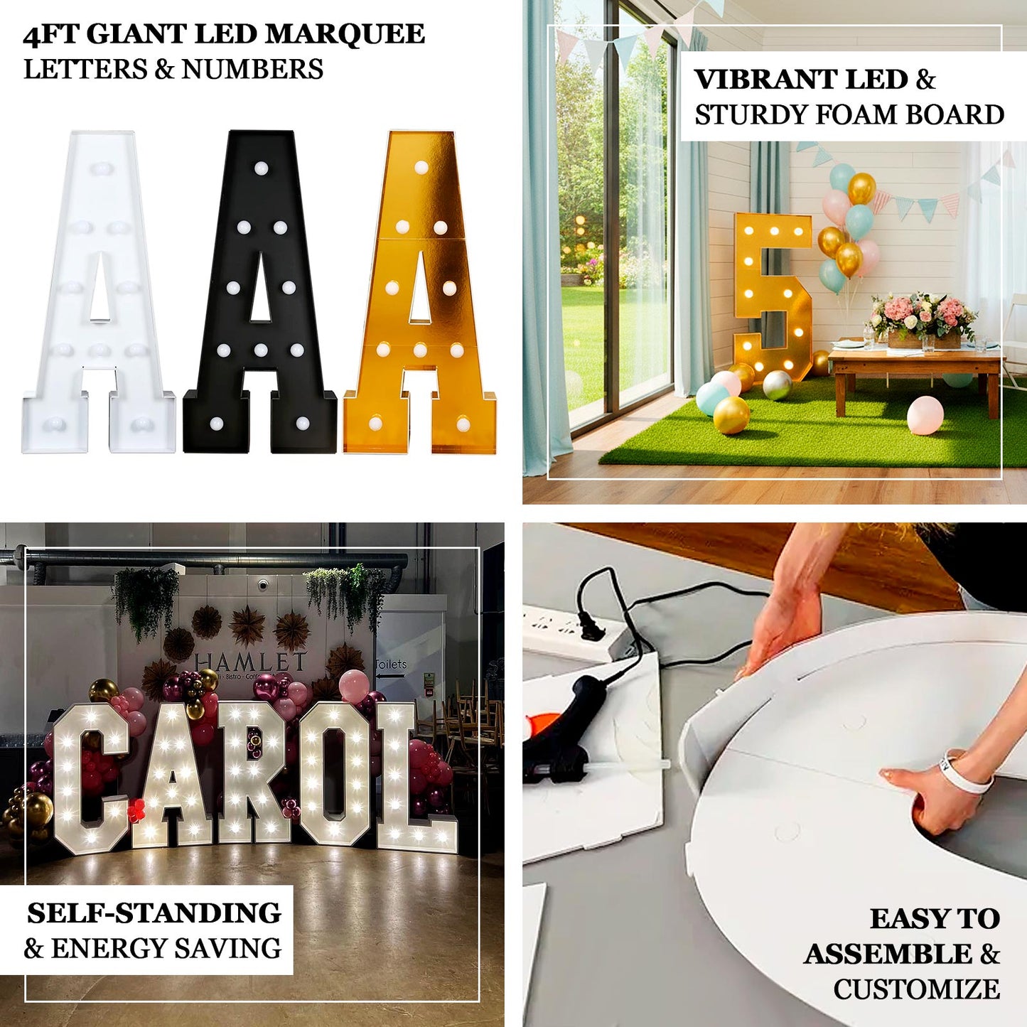 Giant LED Marquee Light Up Letter "M", Black 4ft Pre-Cut Foam Board with 10 Warm White Battery Operated LEDs, Glue Gun and Sticks