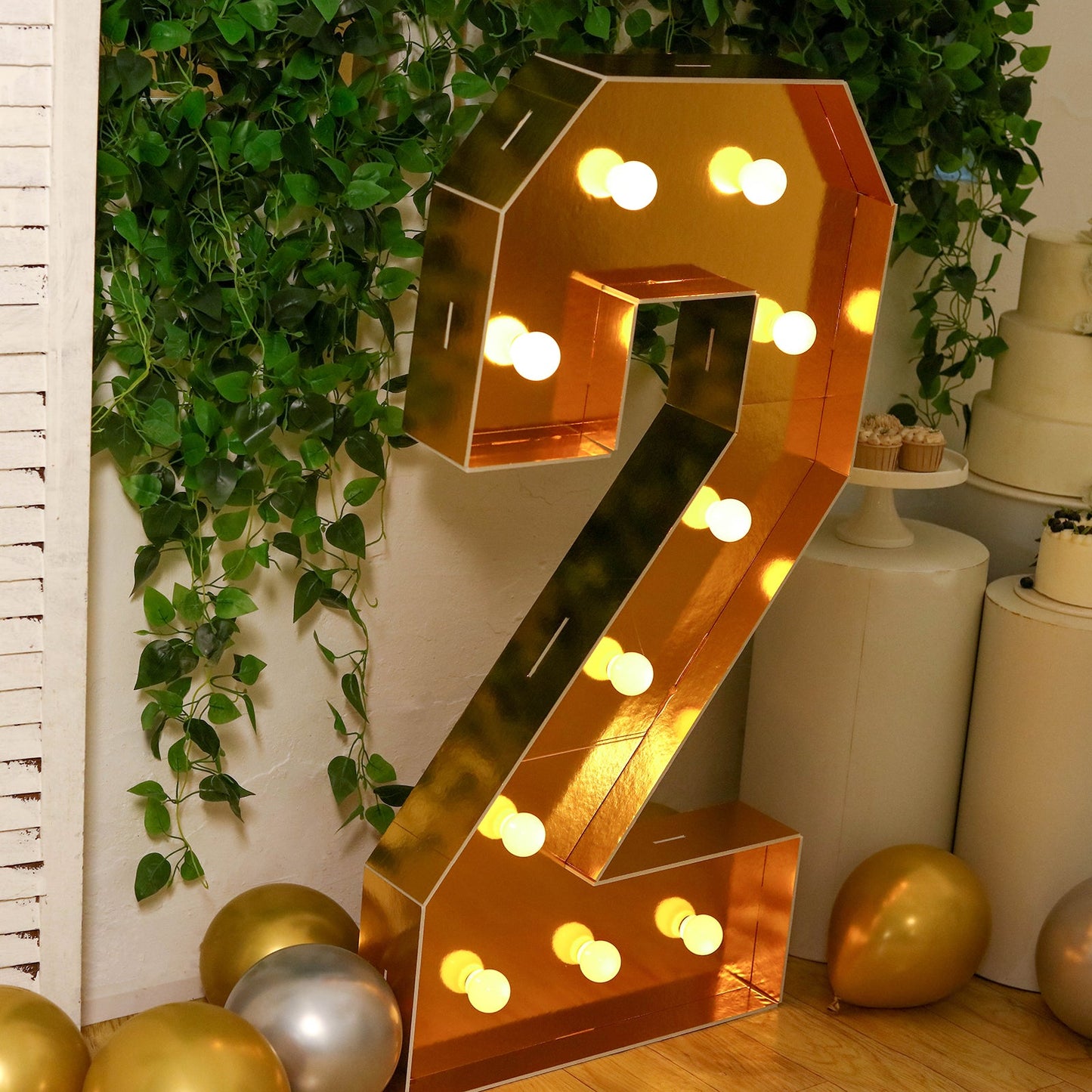 Giant LED Marquee Light Up Number "2", Gold 4ft Pre-Cut Foam Board with 10 Warm White Battery Operated LEDs, Glue Gun and Sticks