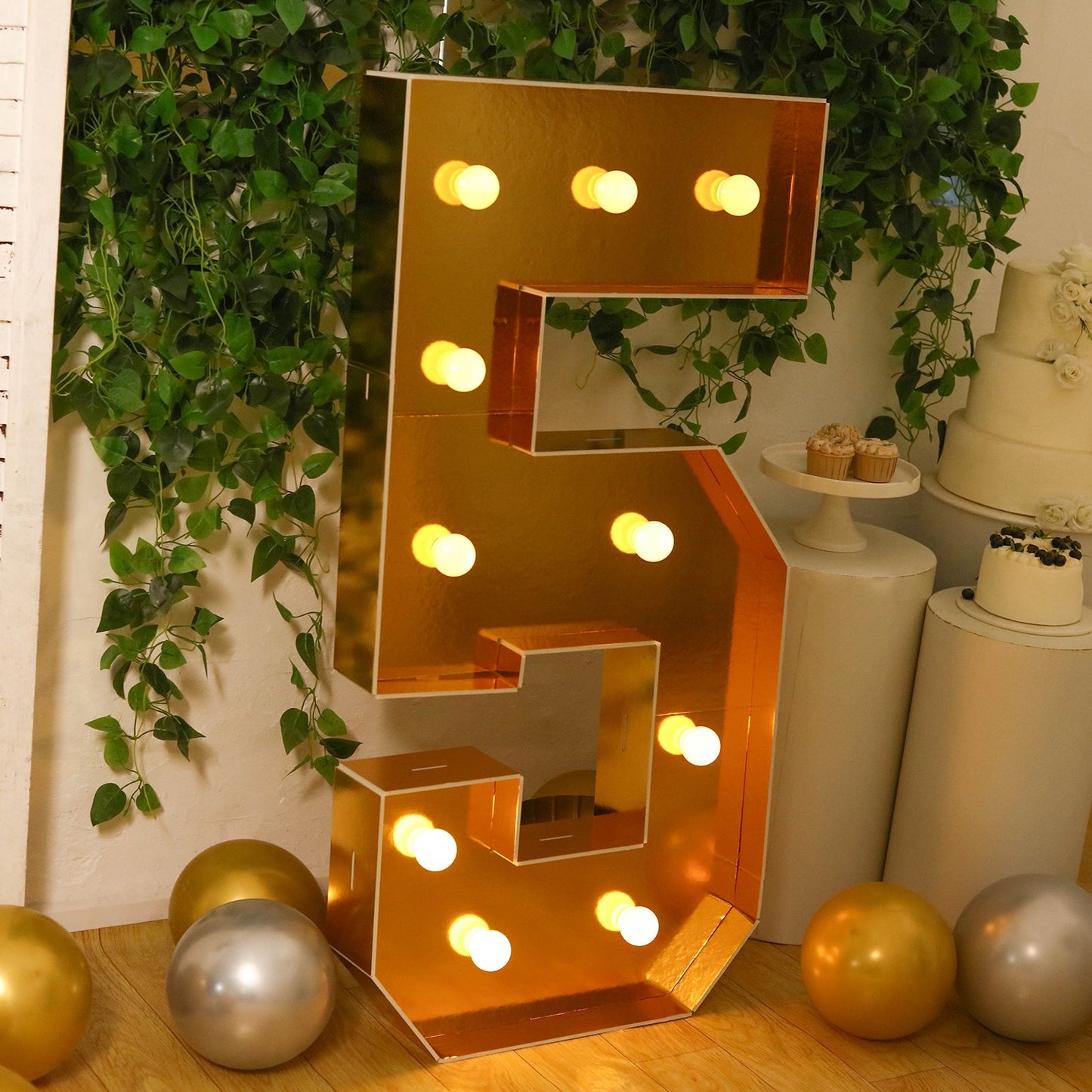 Giant LED Marquee Light Up Number "5", Gold 4ft Pre-Cut Foam Board with 10 Warm White Battery Operated LEDs, Glue Gun and Sticks