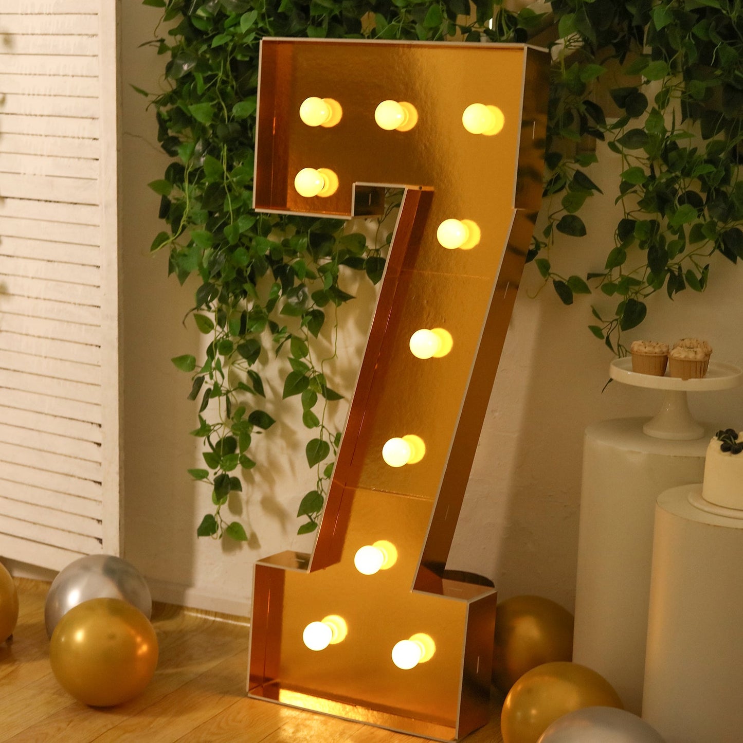 Giant LED Marquee Light Up Number "7", Gold 4ft Pre-Cut Foam Board with 10 Warm White Battery Operated LEDs, Glue Gun and Sticks