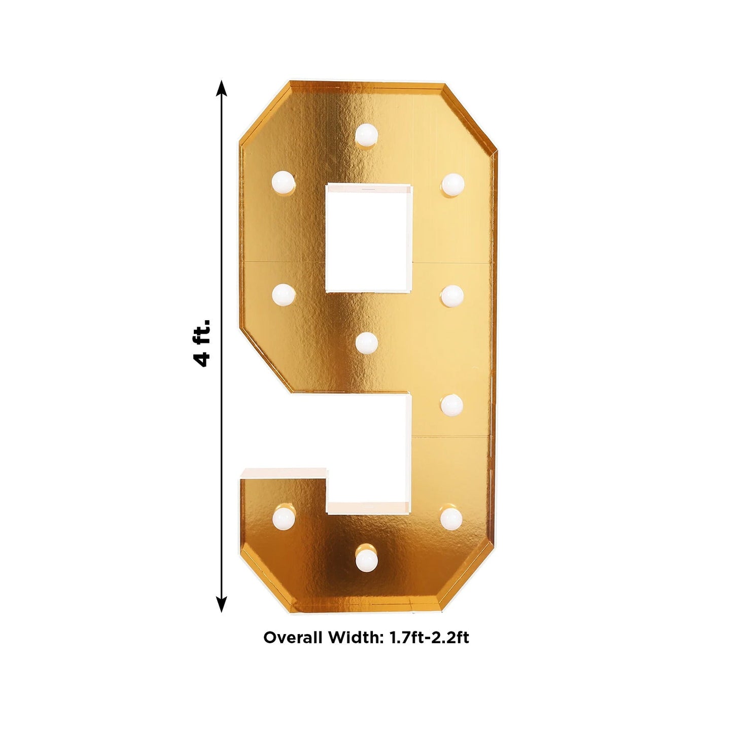 Giant LED Marquee Light Up Number "9", Gold 4ft Pre-Cut Foam Board with 10 Warm White Battery Operated LEDs, Glue Gun and Sticks