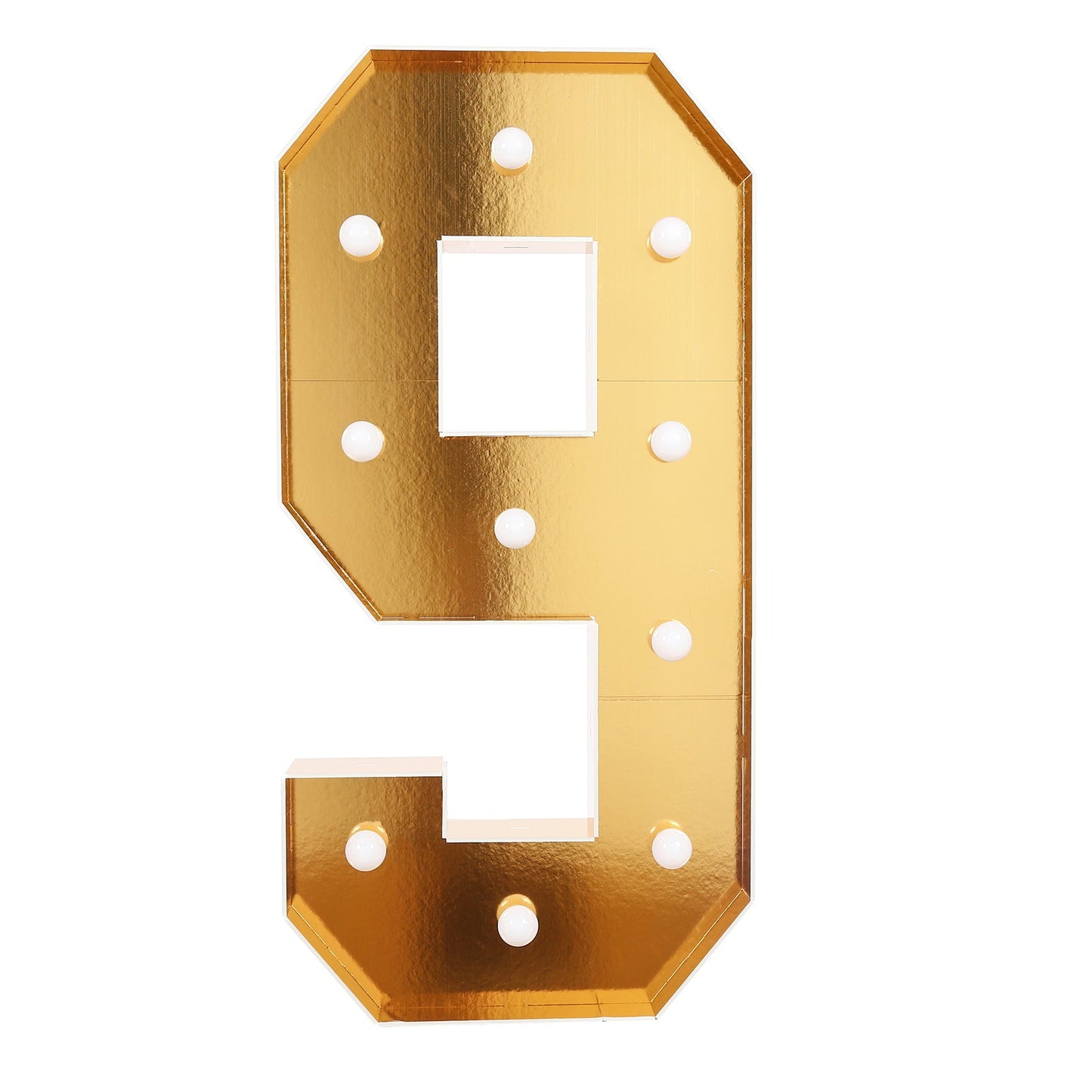 Giant LED Marquee Light Up Number "9", Gold 4ft Pre-Cut Foam Board with 10 Warm White Battery Operated LEDs, Glue Gun and Sticks