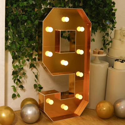 Giant LED Marquee Light Up Number "9", Gold 4ft Pre-Cut Foam Board with 10 Warm White Battery Operated LEDs, Glue Gun and Sticks