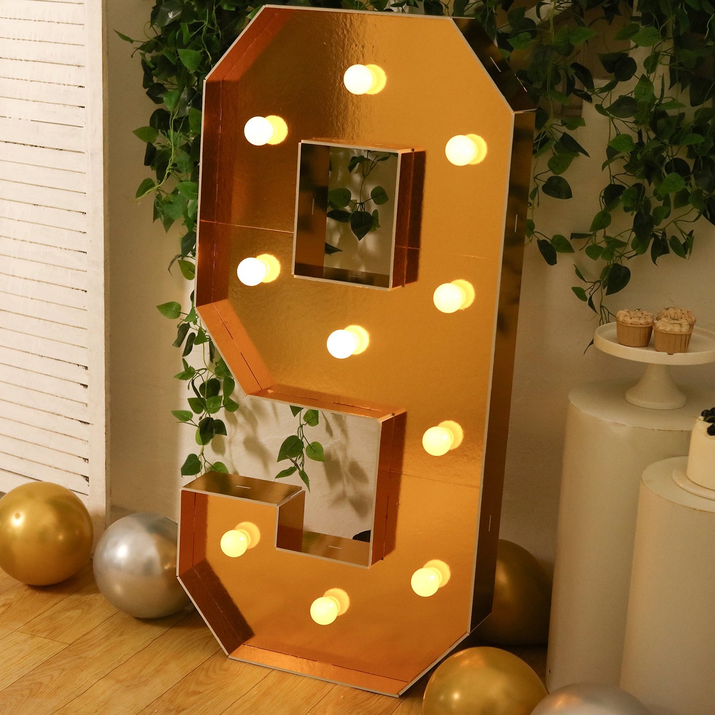 Giant LED Marquee Light Up Number "9", Gold 4ft Pre-Cut Foam Board with 10 Warm White Battery Operated LEDs, Glue Gun and Sticks