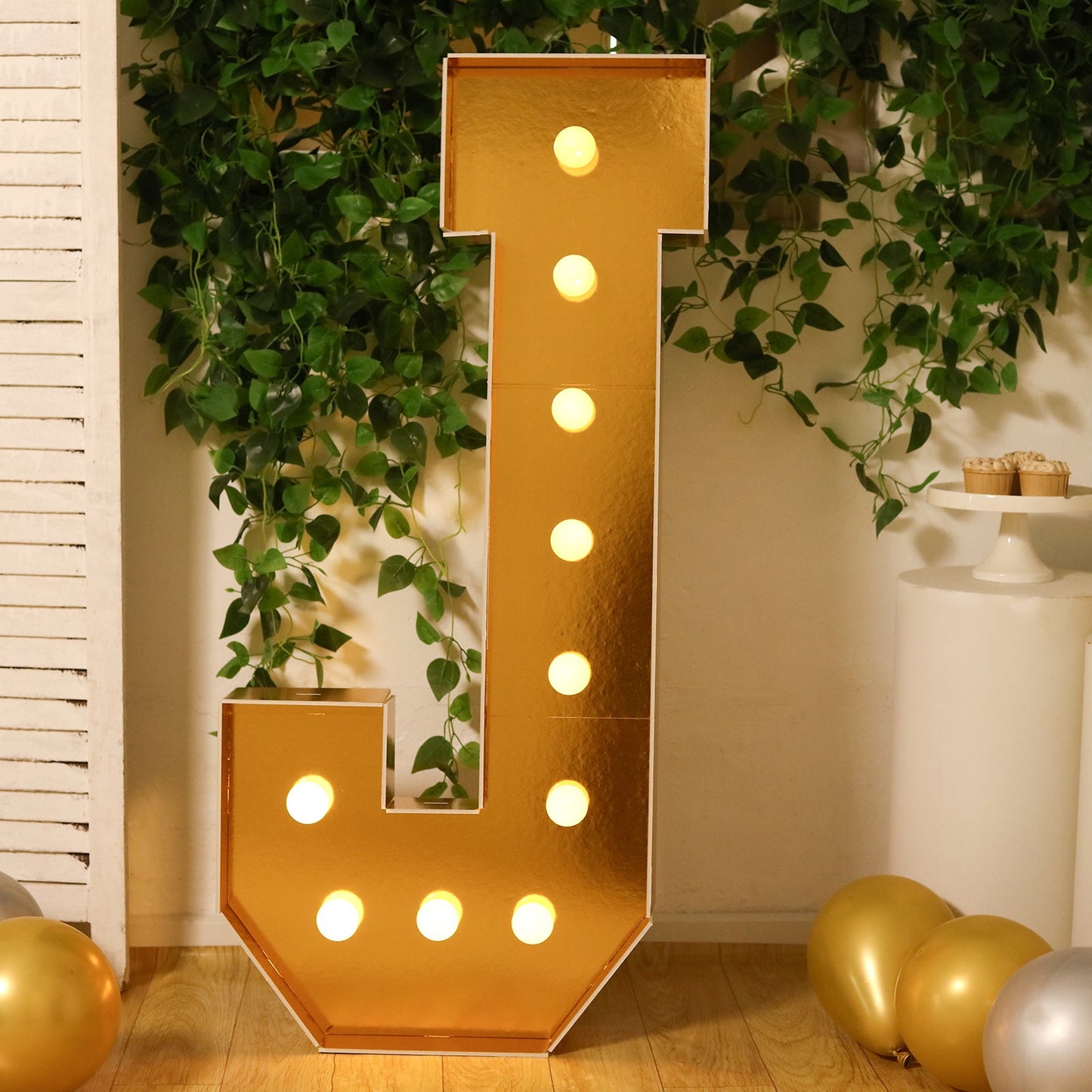 Giant LED Marquee Light Up Letter "J", Gold 4ft Pre-Cut Foam Board with 10 Warm White Battery Operated LEDs, Glue Gun and Sticks