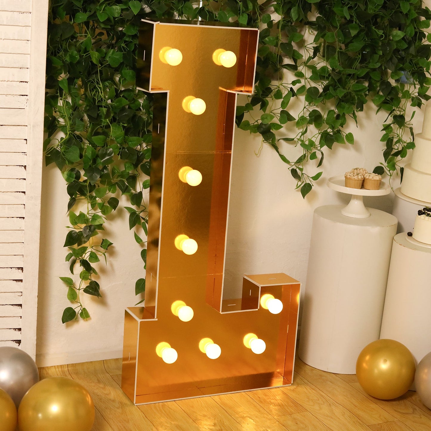 Giant LED Marquee Light Up Letter "L", Gold 4ft Pre-Cut Foam Board with 10 Warm White Battery Operated LEDs, Glue Gun and Sticks