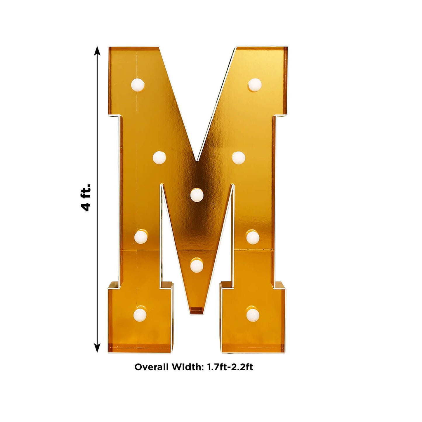 Giant LED Marquee Light Up Letter "M", Gold 4ft Pre-Cut Foam Board with 10 Warm White Battery Operated LEDs, Glue Gun and Sticks