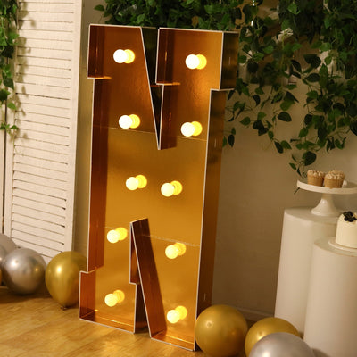 Giant LED Marquee Light Up Letter "N", Gold 4ft Pre-Cut Foam Board with 10 Warm White Battery Operated LEDs, Glue Gun and Sticks