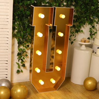 Giant LED Marquee Light Up Letter "U", Gold 4ft Pre-Cut Foam Board with 10 Warm White Battery Operated LEDs, Glue Gun and Sticks
