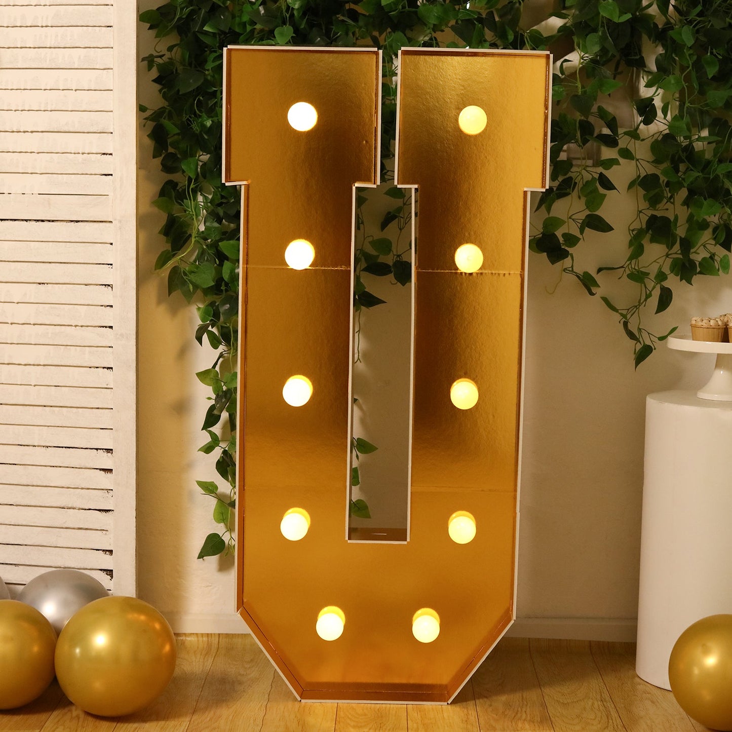 Giant LED Marquee Light Up Letter "U", Gold 4ft Pre-Cut Foam Board with 10 Warm White Battery Operated LEDs, Glue Gun and Sticks