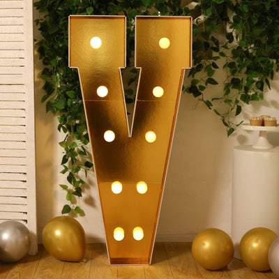 Giant LED Marquee Light Up Letter "V", Gold 4ft Pre-Cut Foam Board with 10 Warm White Battery Operated LEDs, Glue Gun and Sticks