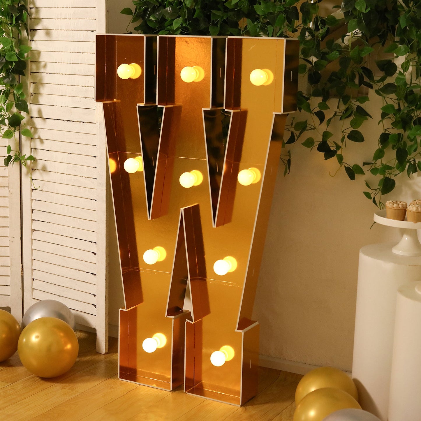 Giant LED Marquee Light Up Letter "W", Gold 4ft Pre-Cut Foam Board with 10 Warm White Battery Operated LEDs, Glue Gun and Sticks