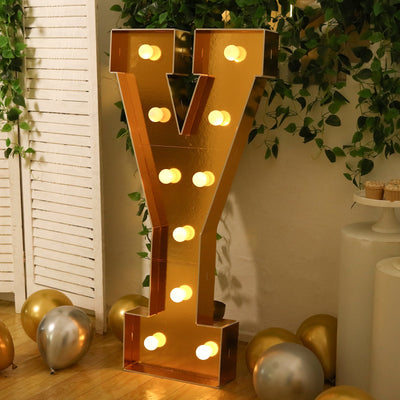 Giant LED Marquee Light Up Letter "Y", Gold 4ft Pre-Cut Foam Board with 10 Warm White Battery Operated LEDs, Glue Gun and Sticks