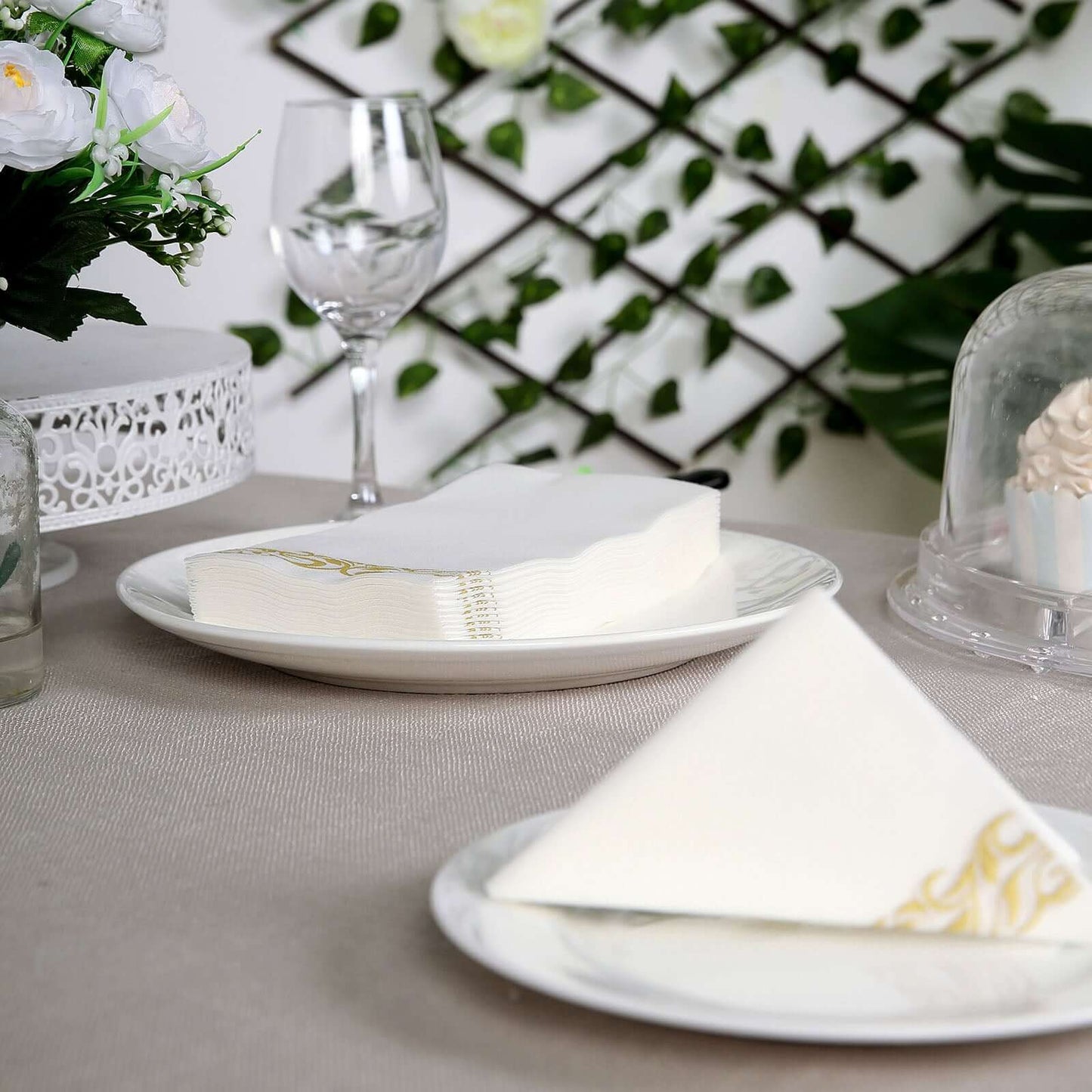 25 Pack Linen-Like Paper 8"x4" Napkins White with Metallic Gold Foil Scroll Design - Soft & Absorbent Airlaid Hand Towels for Exquisite Weddings & Events