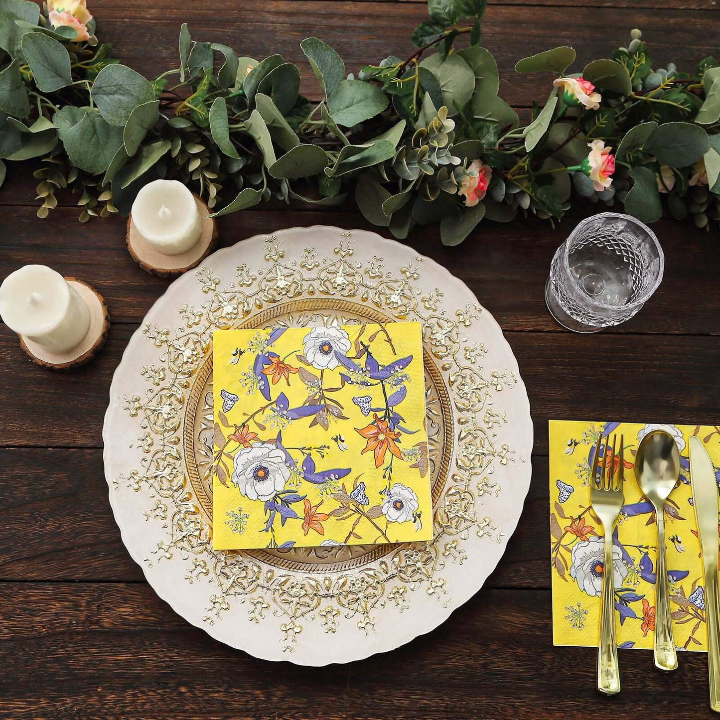 20-Pack Paper Beverage Napkins with Blooming Flowers Design Yellow - 2 Ply Soft 18GSM Floral Wedding Napkins 6.5"x6.5"