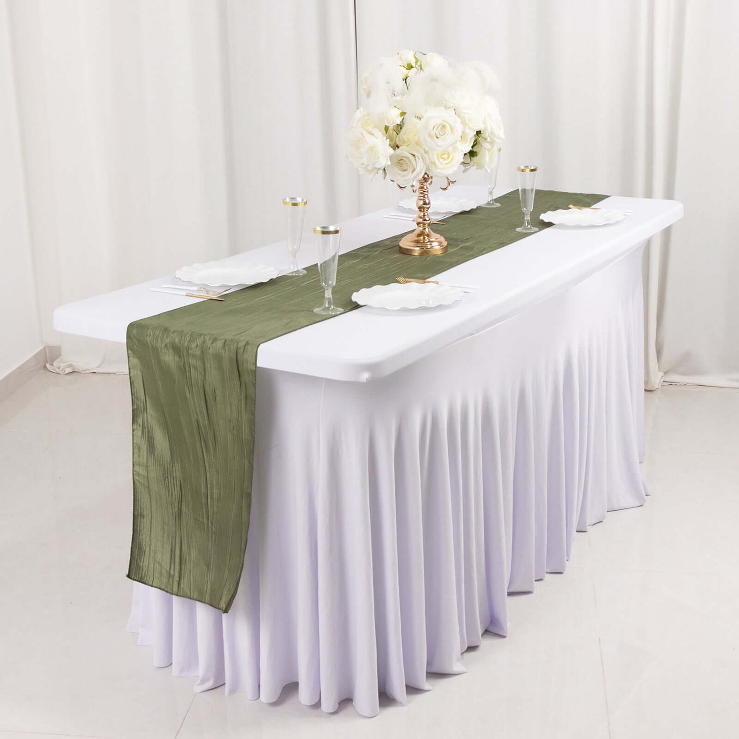 Taffeta 12"x108" Table Runner Dusty Sage Green - Accordion Crinkle Design