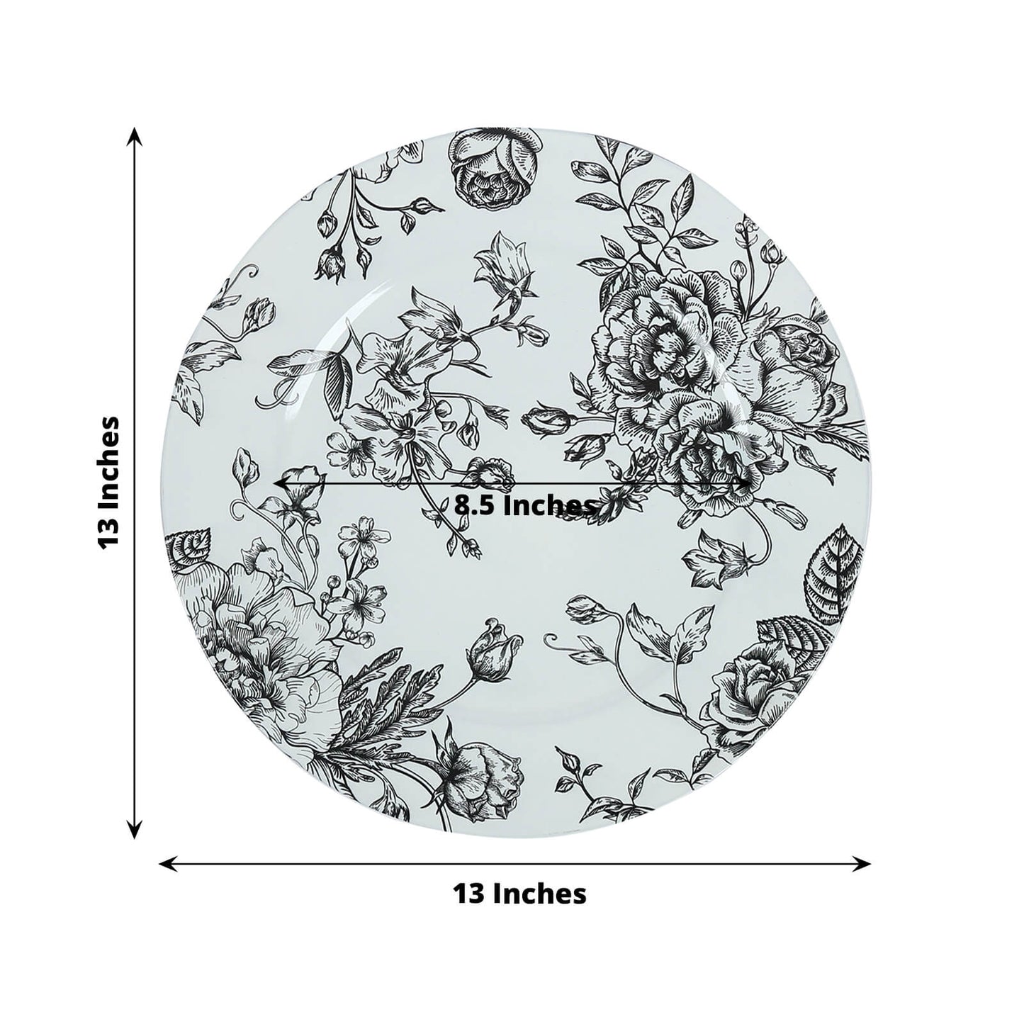 6-Pack Acrylic Round Charger Plates 13" in White with Black Floral French Toile Pattern, Decorative Dinner Party Charger Tableware