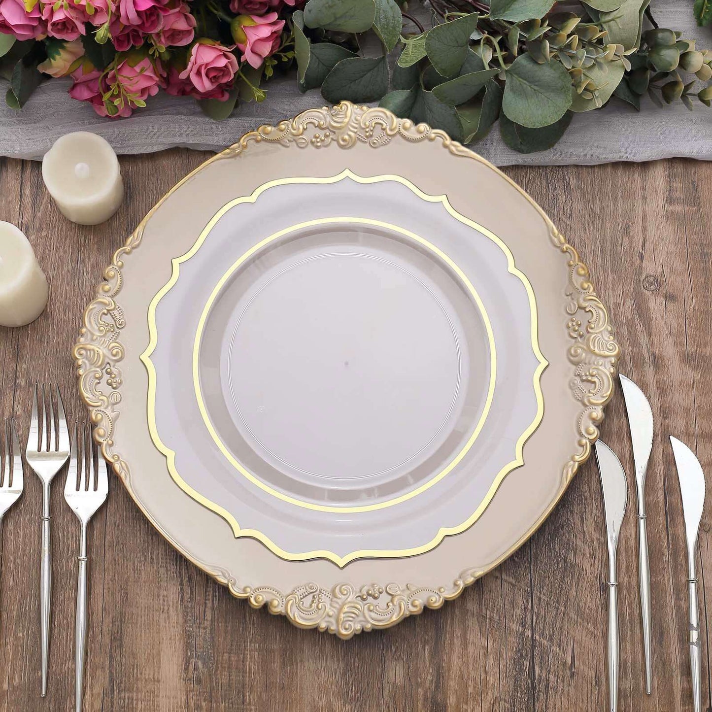 6-Pack Acrylic Round Charger Plates 13" in Nude Taupe with Gold Embossed Baroque Rim, Antique Decorative Dinner Party Charger Tableware