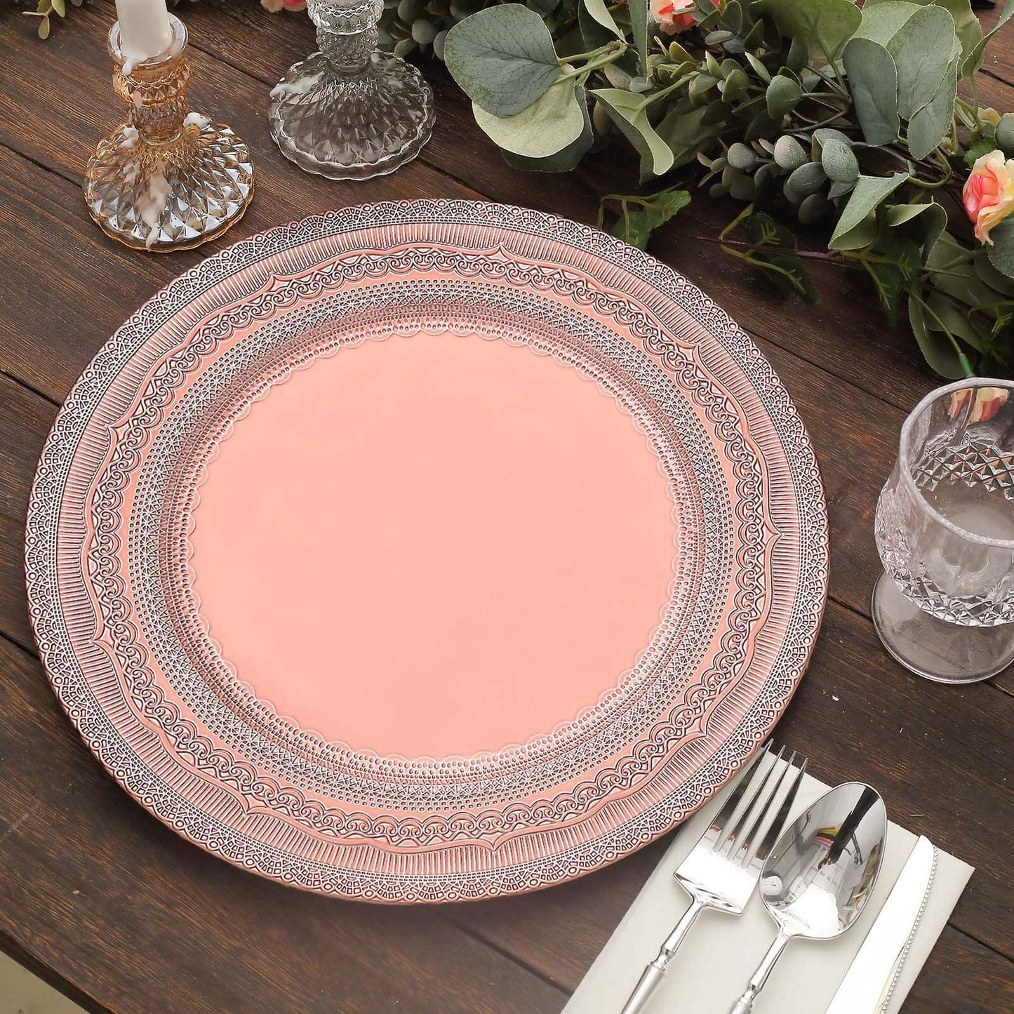 6-Pack Acrylic Round Charger Plates 13" in Rose Gold with Lace Embossed Rim, Rustic Plastic Decorative Charger Tableware