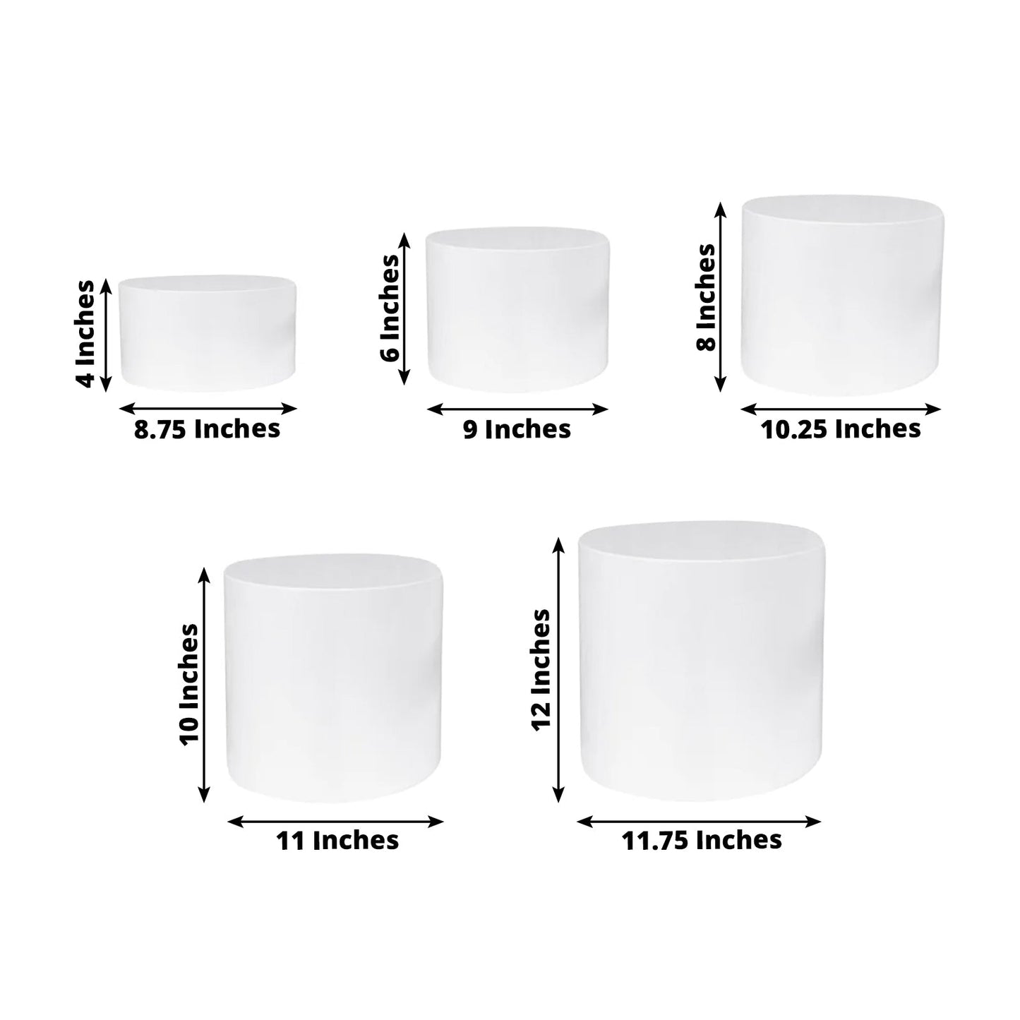 Set of 5 Acrylic Cake Stands Cylinder Design Round White - Display Risers for Events 8.5", 9", 10", 11", 12"