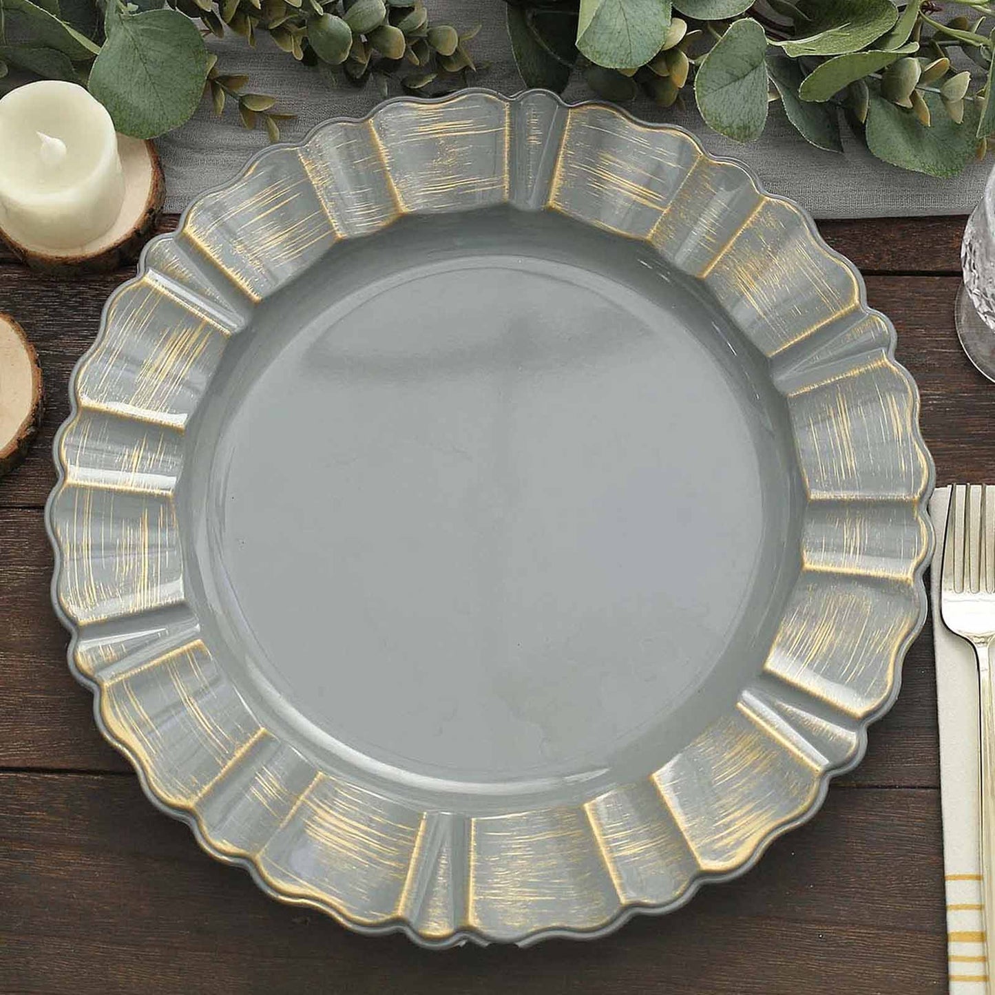 6-Pack Acrylic Plastic Round Charger Plates 13" in Charcoal Gray with Gold Brushed Wavy Scalloped Rim, Decorative Dinner Party Charger Tableware