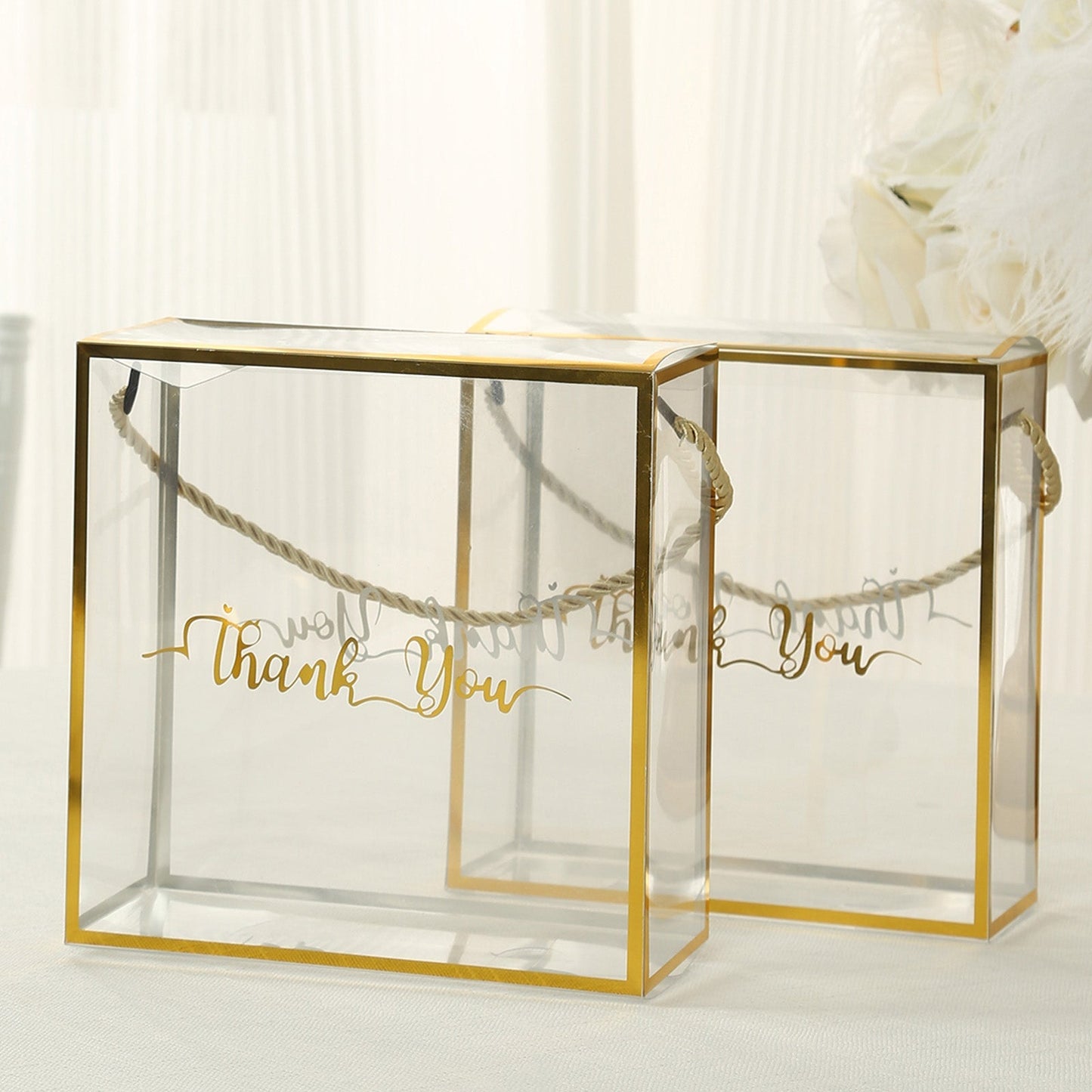 25 Pack Gold Trimmed Clear PVC Gift Boxes with Rope Handles and Thank You Print, Square Transparent Portable Candy Favor Boxes - 8"x8"