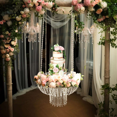 Acrylic Hanging Chandelier Cake Stand with Crystal Drapes - Suspended Round Wedding Cake Swing with 5ft Steel Wire
