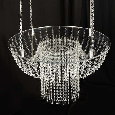 Acrylic Hanging Chandelier Cake Stand with Crystal Drapes - Suspended Round Wedding Cake Swing with 5ft Steel Wire
