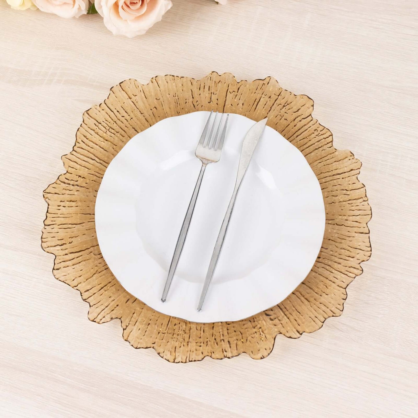 6-Pack Acrylic Plastic Round Charger Plates 13" in Amber Gold with Reef Design, Dinner Charger Tableware