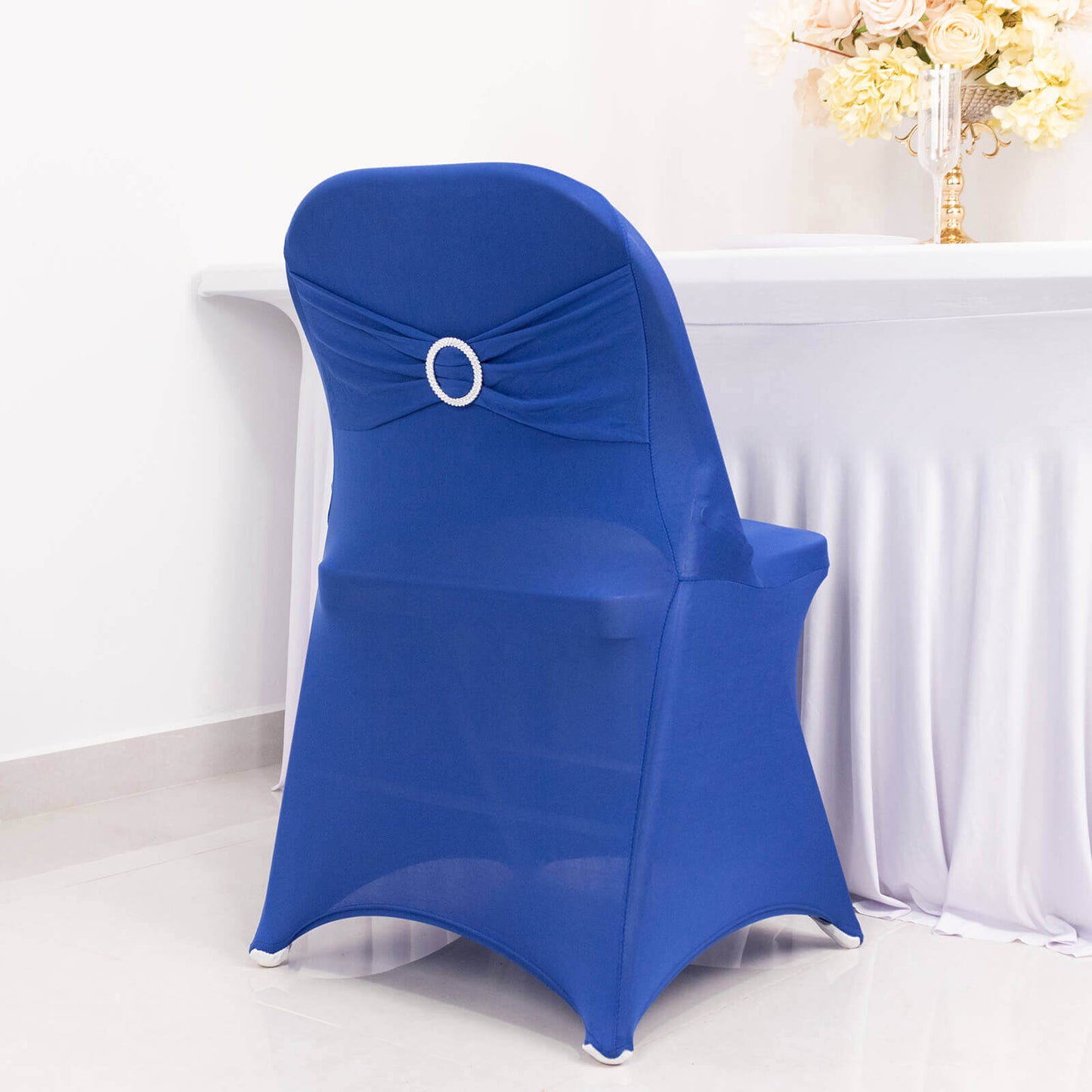 Stretch Spandex Chair Cover Royal Blue for Folding Chairs - Secure Fit Slipcover with Silver Rhinestone Buckled Sash Band