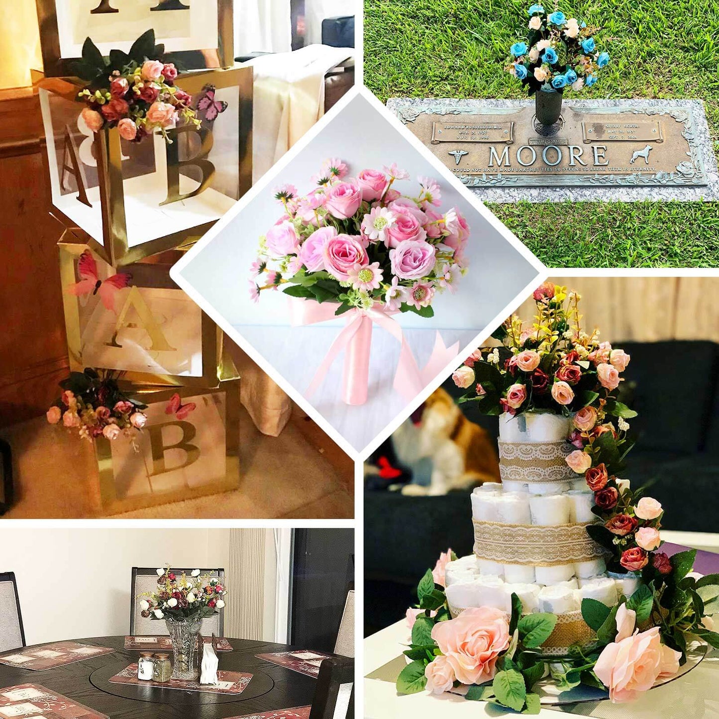 4 Bushes 12" Blush Real Touch Artificial Silk Rose Flower Bouquet, Faux Bridal Flowers