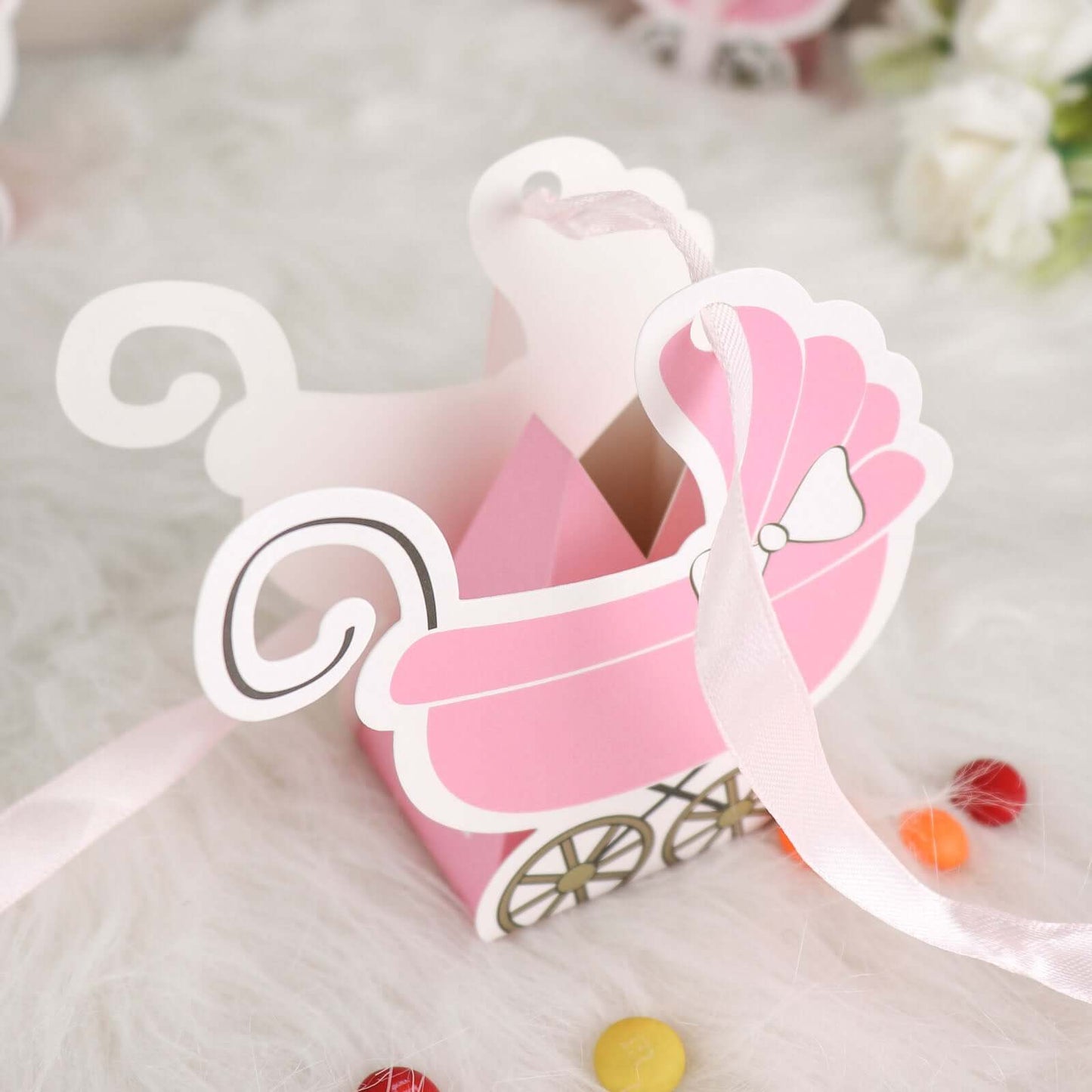 25 Pack Pink Baby Paper Stroller Party Favor Gift Boxes, Cardstock Carriage Candy Boxes with Ribbon Ties - 4.5"x2"x4"