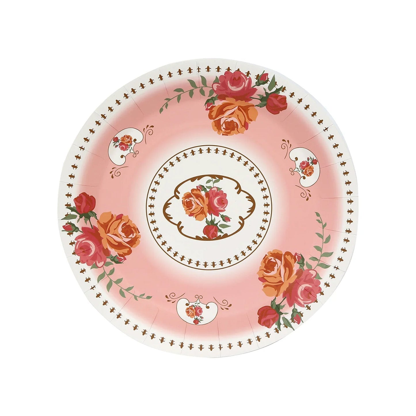25-Pack Paper 9" Round Dinner Plates in Dusty Rose with Vintage Rose Flower Print - Disposable Plates