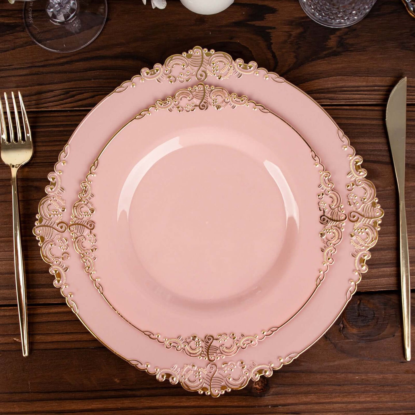 10-Pack Plastic 8" Round Dessert Plates in Dusty Rose with Gold Leaf Embossed Rim - Disposable Vintage Baroque Style Salad Plates