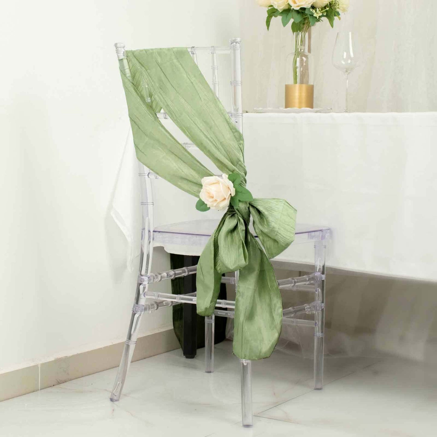 5 Pack Taffeta 6"x106" Chair Sashes Sage Green Accordion Crinkle Texture - Stylish Decor for Weddings & Gatherings