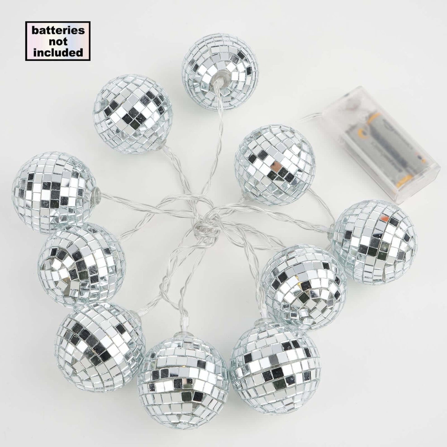 10 LED String Light Garland Silver Disco Mirror Ball Warm White - Battery Operated Event DÃ©cor 6ft