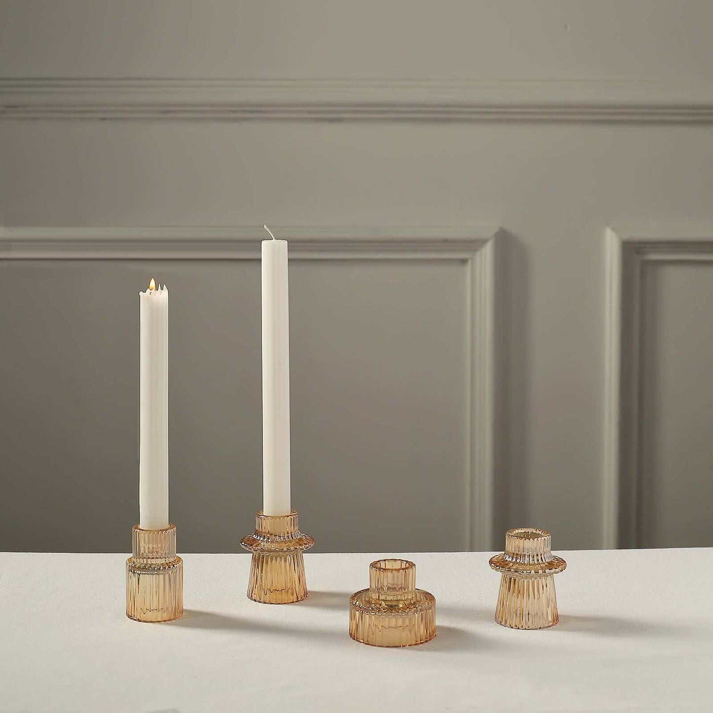 Set of 6 Glass Taper Candle Holders Ribbed Crystal Design Amber Gold - Reversible Mini Votive Tealight Stands 3"