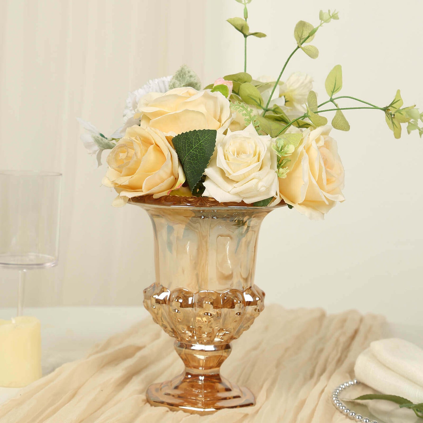 2-Pack Glass Mini Pedestal Flower Vases in Classic Roman Urn Style Amber Gold - Sophisticated Wedding Table Centerpieces 8"