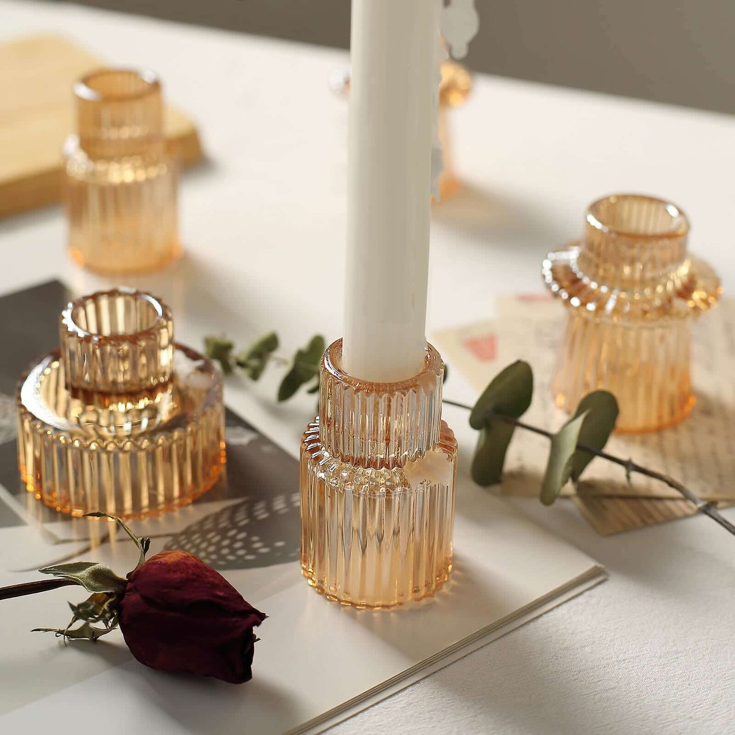 Set of 6 Glass Taper Candle Holders Ribbed Crystal Design Amber Gold - Reversible Mini Votive Tealight Stands 3"