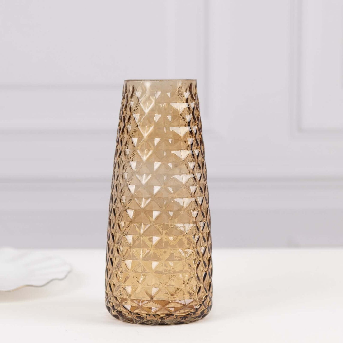 6-Pack Glass Urn Vases Amber Gold with Diamond Crystal Cut Pattern - Stylish Decorative Design for Event Decor 8.5"