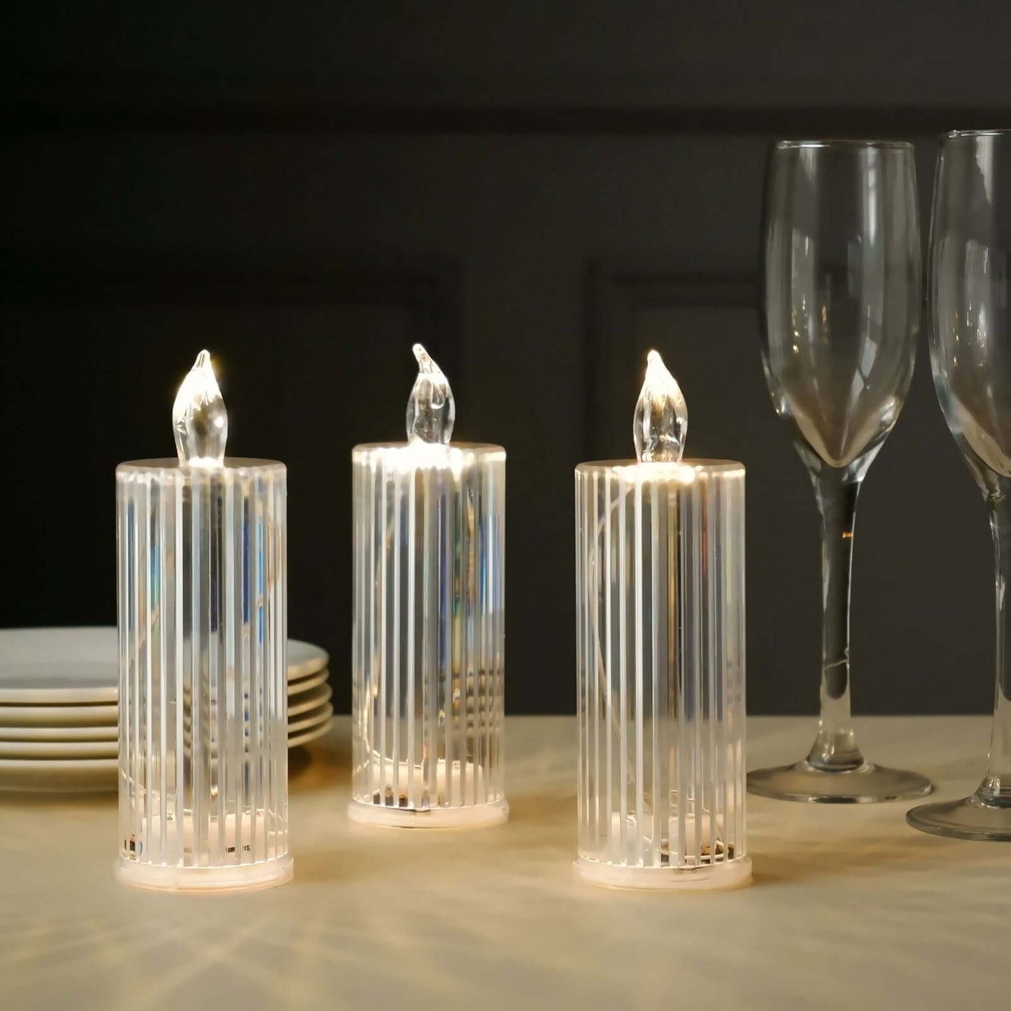 3-Pack LED Flameless Candle Lamps Diamond Acrylic Design Clear Warm White - Battery Operated Pillars 6"