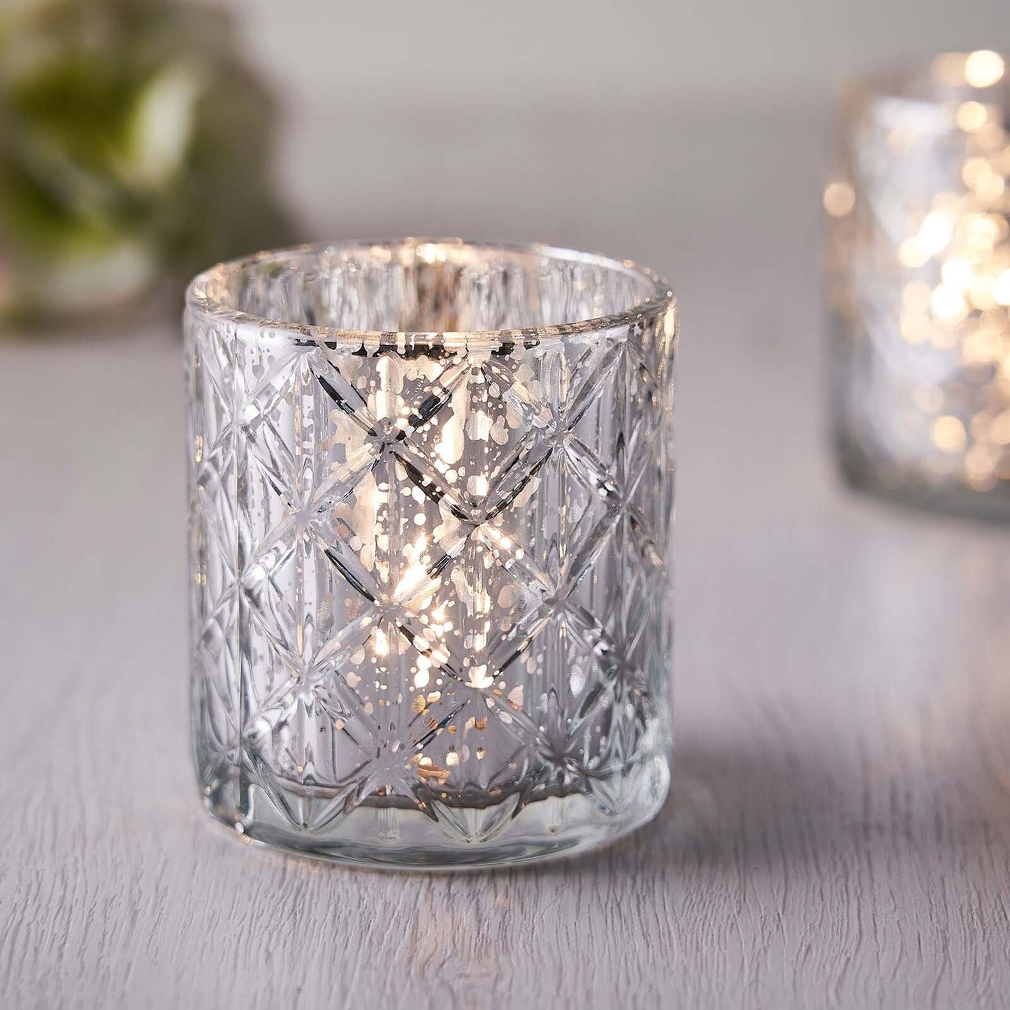 6-Pack Mercury Glass Candle Holders Shiny Silver with Geometric Design - Votive Tealight Holders 3"